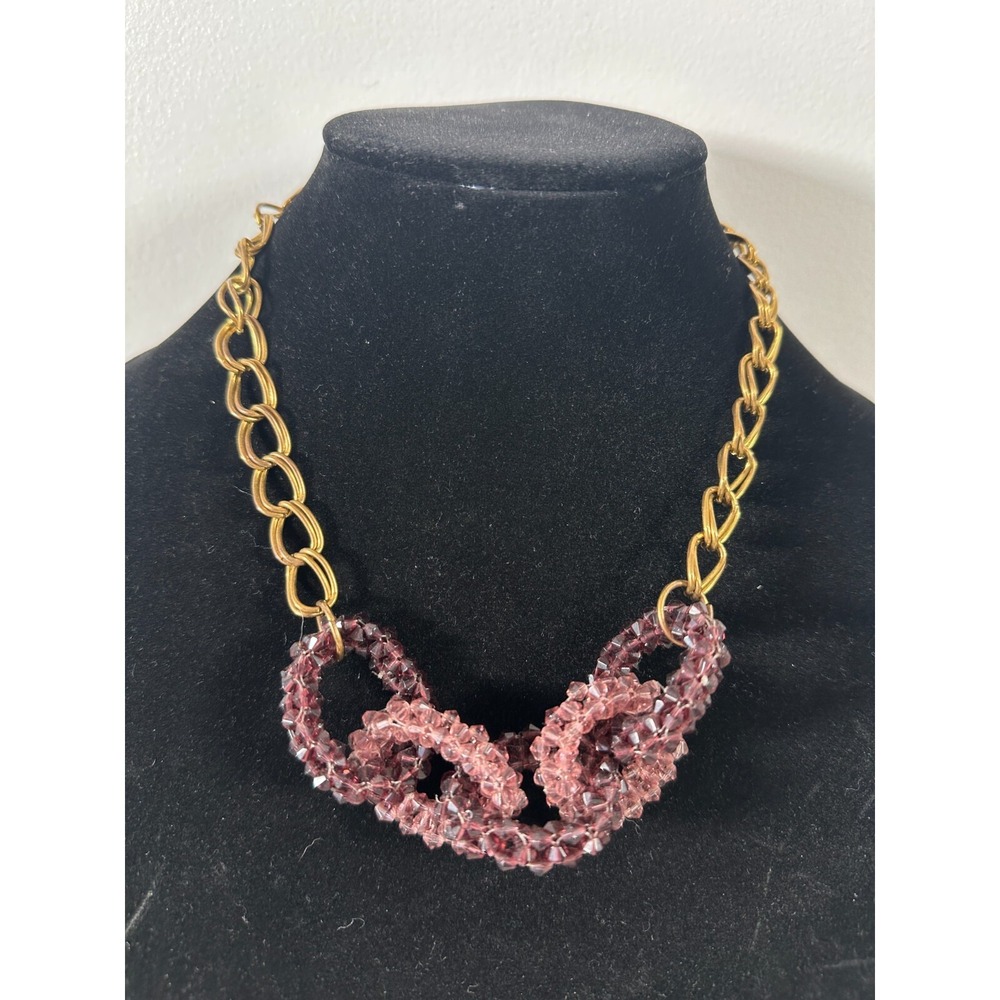 Vintage Statement Necklace Fashion Jewelry Beaded Purple Gone Tone Chain